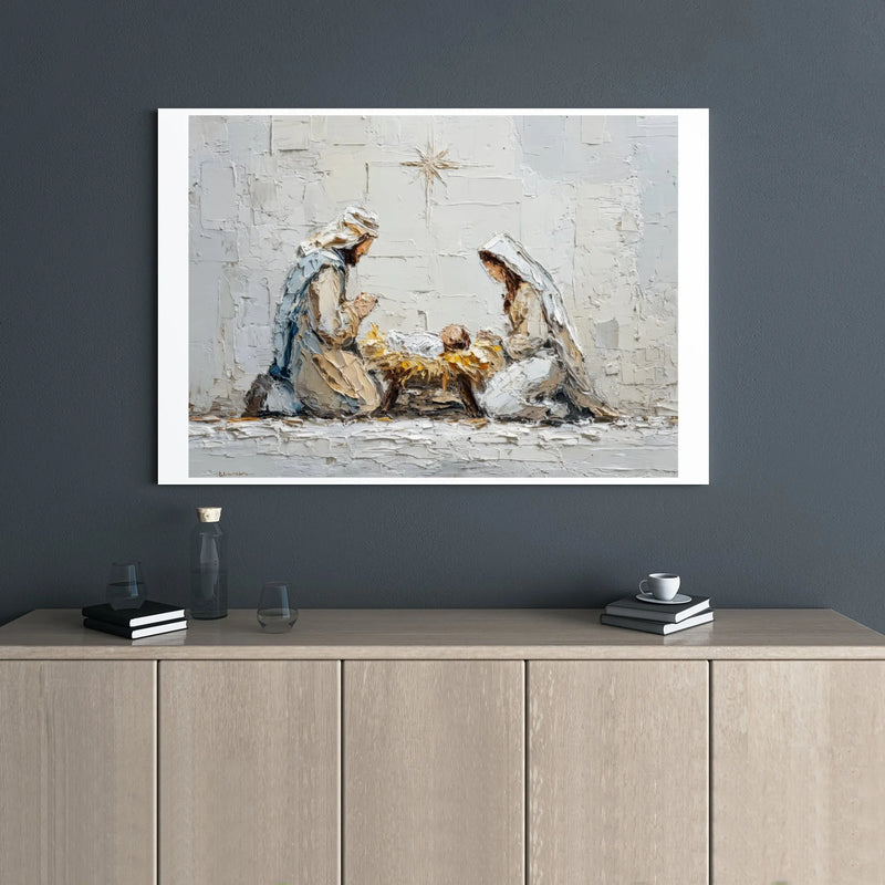 Holy Family Impasto Painting Wall Art, Nativity Scene Canvas Art, Christmas Manger Canvas Print, Religious Christian Faith Present