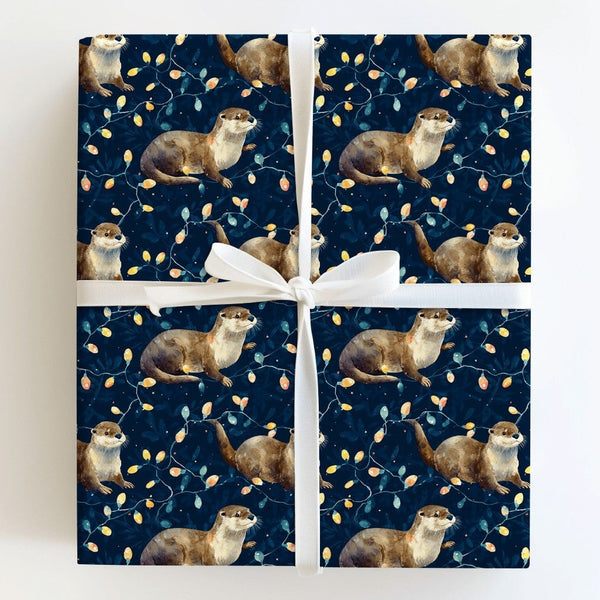 Adorable Animal Holiday Lights Gift Wrap, Christmas Otter Wrapping Paper, Watercolor Otter Xmas Wrapping Paper, Winter Holida