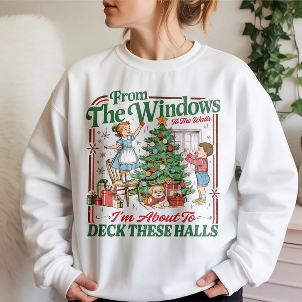Humorous Retro Holiday Crewneck, Deck the Halls Christmas Sweatshirt, Vintage Christmas Party Sweater, Adorable Holiday Prese