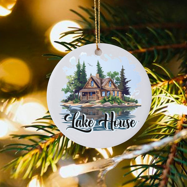 Log Cabin Nature Ornament, Rustic Lake House Ceramic Ornament, Comfy Woodland Forest Holiday Ornament, Cabin Owner Christmas 