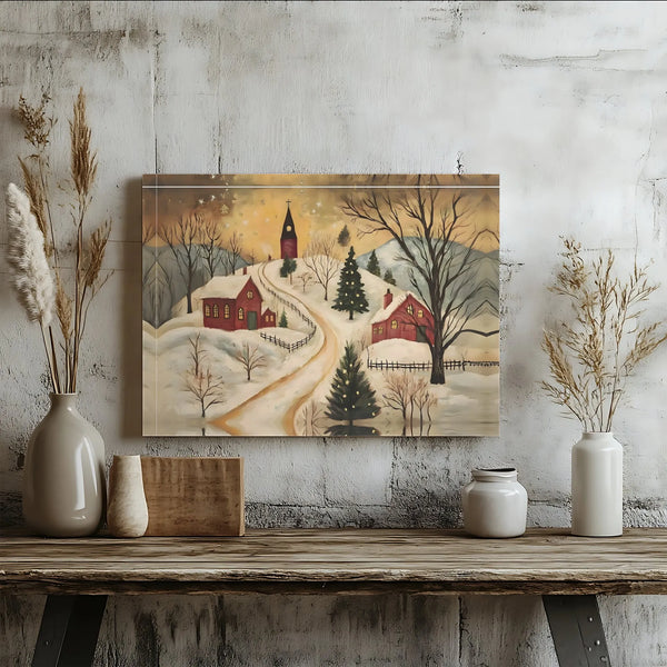 Snowy Church Christmas Canvas Print, Winter Christmas Village Canvas Wall Art, Folk Art Christmas Wall Art, Digital Download 