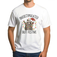 Humorous Holiday Animal Graphic Tee, Overstimulated but Festive Raccoon T-Shirt, Adorable Christmas Trash Panda Shirt, Introvert Xmas Present T-Shirt