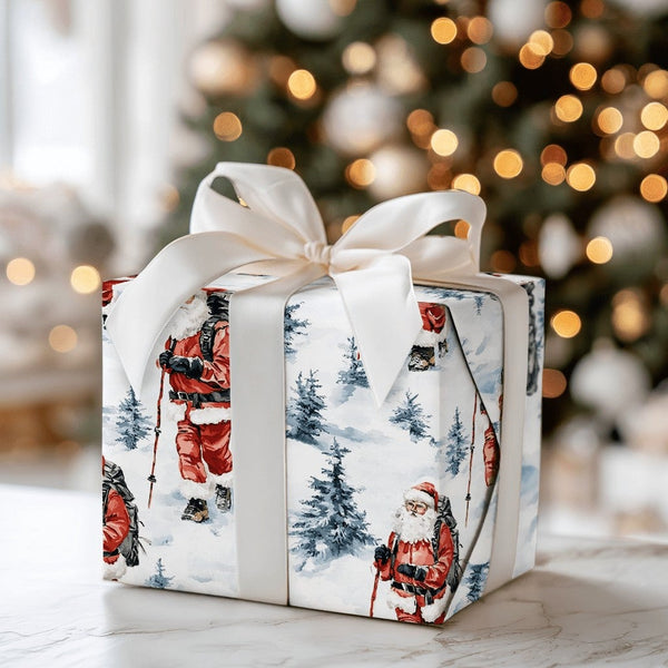 Watercolor Winter Forest Gift Wrap, Hiking Santa Wrapping Paper, Outdoor Santa Claus Christmas Wrapping Paper, Adventure Holi