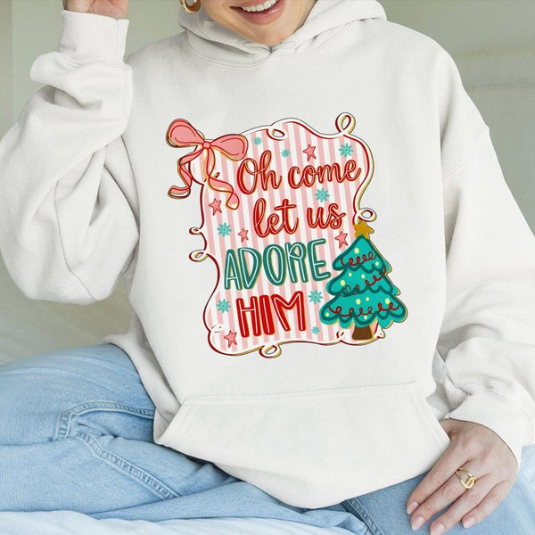 Coquette Bow Christmas Tree Sweatshirt, O Come Let Us Adore Him Hoodie, Christian Hymn Religious Pullover, Festive Holiday Ho