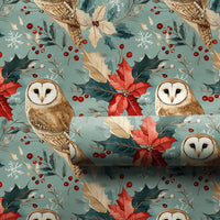 Rustic Poinsettia Owl Gift Wrap, Barn Owl Christmas Wrapping Paper, Woodland Botanical Wrapping Paper, Vintage Holiday Gift Wrap Roll
