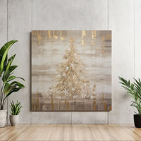 Abstract Gold Leaf Holiday Pine Painting, Gold Christmas Tree Square Canvas, Elegant Winter Canvas Print, Festive Christmas Home Decor