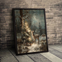 Winter Forest Fawn Wall Art, Christmas Deer Digital Download, Vintage Lit Tree Canvas Wall Art, Holiday Nature Lover Printable Wall Art