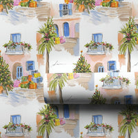 Coastal Village Holiday Gift Wrap, Mediterranean Christmas Wrapping Paper, Watercolor European Town Wrapping Paper