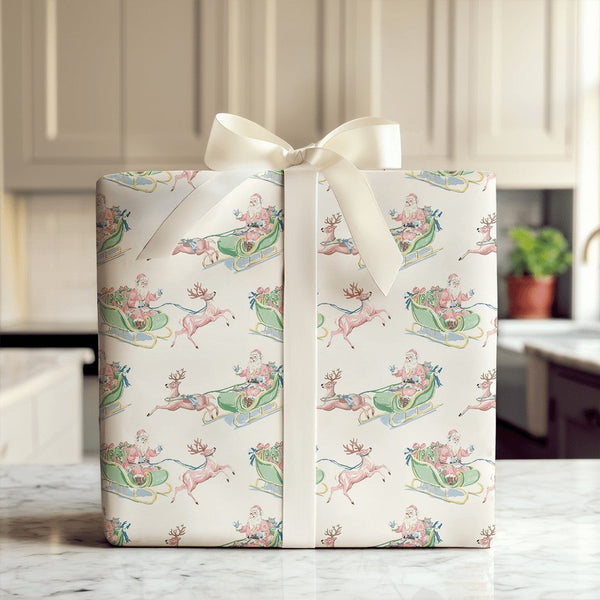 Watercolor Reindeer Gift Wrap, Vintage Santa Sleigh Wrapping Paper, Christmas Holiday Present Paper, Nostalgic Xmas Wrapping 
