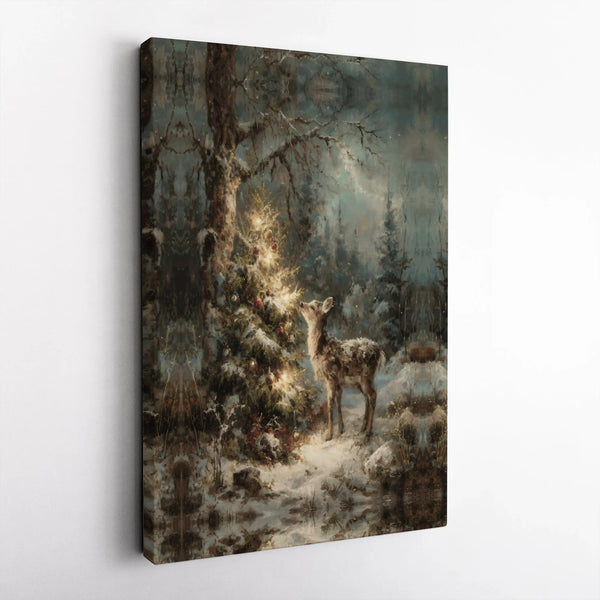 Winter Forest Fawn Canvas Print, Christmas Deer Canvas Wall Art, Lit Tree Deer Wall Decor, Holiday Canvas Art, Nature Lover C
