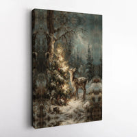 Winter Forest Fawn Canvas Print, Christmas Deer Canvas Wall Art, Lit Tree Deer Wall Decor, Holiday Canvas Art, Nature Lover Christmas Present
