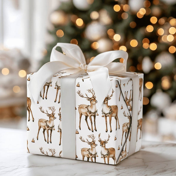 Christmas Deer Gift Wrap, Watercolor Reindeer Wrapping Paper, Festive Jingle Bell Wrapping Paper, Rustic Holiday Gift Wrap Pa