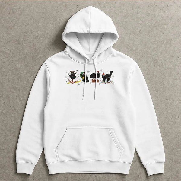 Festive Kitten Graphic Hoodie, Christmas Black Cat Hoodie, Humorous Cat Lover Holiday Hoodie, Adorable Animal Winter Pullover