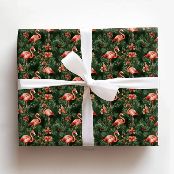Dark Green Flamingo Gift Wrap, Tropical Christmas Wrapping Paper, Pink Flamingo Poinsettia Holiday Wrapping Paper, Festive Wi
