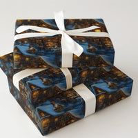 Snowy Cabin Holiday Gift Wrap, Night Christmas Village Wrapping Paper, Winter Wonderland Wrapping Paper, Comfy Festive Present Gift Wrap Roll