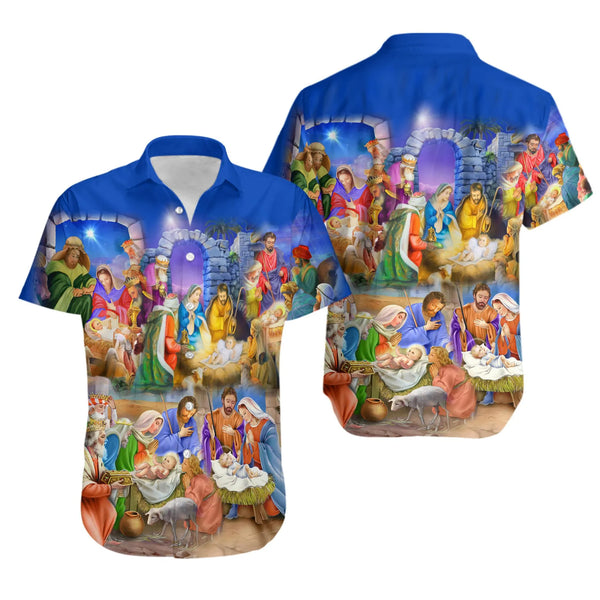 Religious Christmas Aloha Shirt, Nativity Scene Hawaiian Shirt, Christian Holiday Tropical Shirt, Summer Beach Button Up, Nat