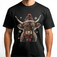Santa Hat Cow T-Shirt, Christmas Highland Cow Shirt, Plaid Bow Holiday Tee, Farmhouse Christmas T-Shirt, Festive Cow Graphic Shirt