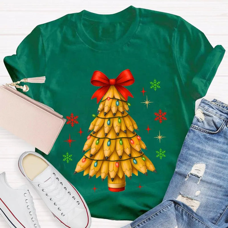 Red Bow Holiday Teacher Shirt, Pencil Christmas Tree T-Shirt, Adorable Winter Educator Graphic Tee, Back to School Xmas Party Present