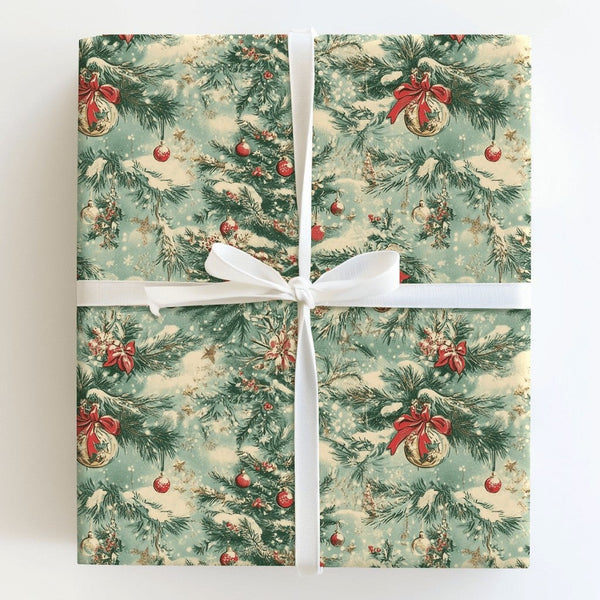 Nostalgic Holiday Gift Wrap, Vintage Pine Tree Christmas Wrapping Paper, Victorian Xmas Wrapping Paper, Snow Dusted Tree Gift