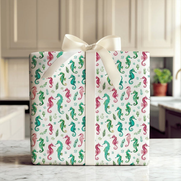 Coastal Nautical Wrapping Paper, Watercolor Seahorse Christmas Wrapping Paper, Beach Holiday Wrapping Paper, Ocean Sea Life X