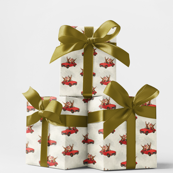 Retro Christmas Gift Wrap, Vintage Santa Car Wrapping Paper, Santa in Car Wrapping Paper, Holiday Gift Wrap Roll, Xmas Presen