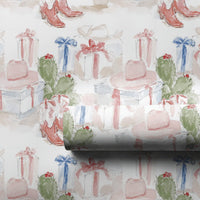 Western Christmas Gift Wrap, Cowboy Boots Cactus Wrapping Paper, Watercolor Rodeo Holiday Wrapping Paper, Country Festive Gift Wrap Roll