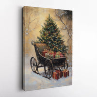 Snowy Tree and Presents Canvas Print, Vintage Christmas Sleigh Canvas Wall Art, Holiday Sleigh Wall Decor, Winter Season Festive Canvas Art