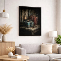 Holiday Candlelight Canvas Wall Art, Christmas Still Life Canvas Print, Festive Gift Box Painting Canvas, Comfy Winter Home Decor Present