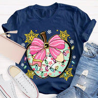 Festive Teacher Holiday Shirt, Christmas Lights Snowflakes Bow Apple T-Shirt, Adorable Coquette Winter Graphic Tee, Xmas Present for Her