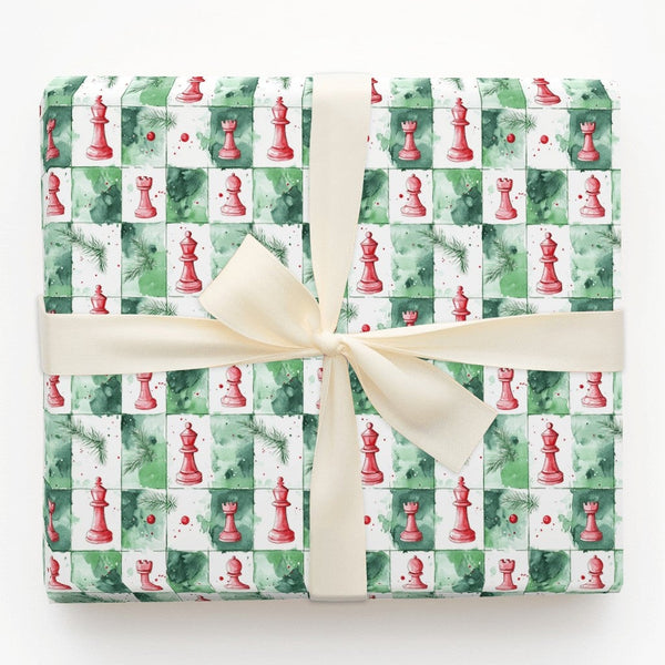 Watercolor Checkerboard Gift Wrap, Chess Christmas Wrapping Paper, Red Chess Pieces Wrapping Paper, Holiday Board Game Wrappi