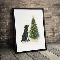 Holiday Dog Watercolor Poster, Black Labrador Christmas Tree Wall Art, Black Lab Christmas Lights Canvas, Pet Lover Digital Download Print