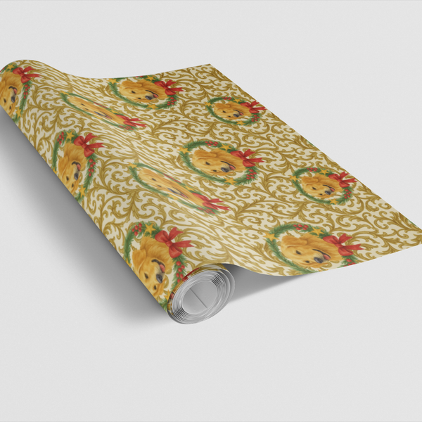 Dog Holiday Gift Wrap, Golden Retriever Christmas Wrapping Paper, Puppy Floral Wreath Wrapping Paper, Festive Pet Christmas P