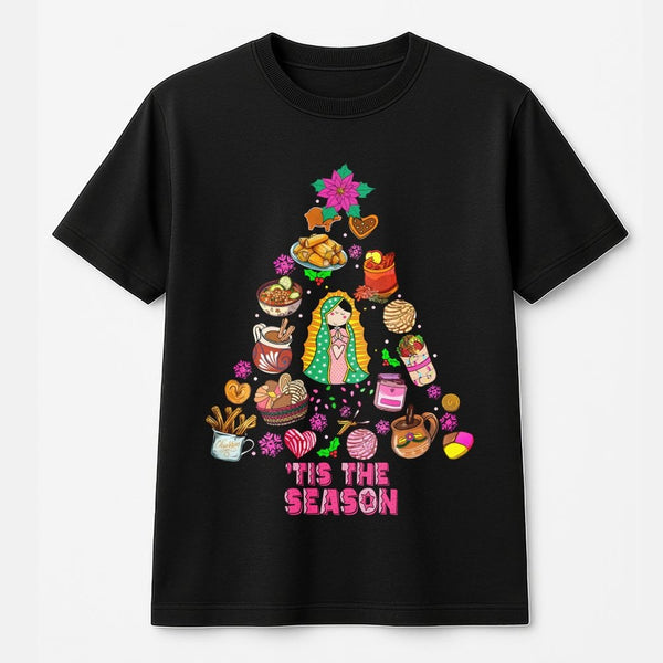 Mexican Food Tree Graphic Tee, Our Lady of Guadalupe Christmas T-Shirt, Hispanic Holiday Shirt, Virgin Mary Festive T-Shirt, 