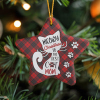 Red Buffalo Plaid Cat Lover Star Keepsake, Meowy Christmas Cat Mom Star Ornament, Ceramic Holiday Star Decor, Xmas Tree Star Ornament