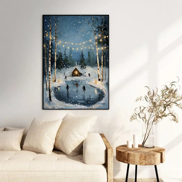 Comfy Cabin Snowy Forest Painting, Winter Night Ice Skating Wall Art Print, Christmas Holiday Landscape Poster, Seasonal Home
