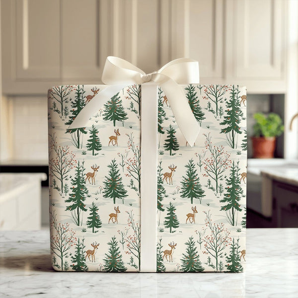 Pine Tree Holiday Gift Wrap, Winter Woodland Deer Wrapping Paper, Rustic Forest Christmas Wrapping Paper, Nature Botanical Gi