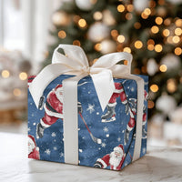 Ice Hockey Christmas Gift Wrap, Hockey Santa Wrapping Paper, Dark Blue Sports Holiday Gift Wrap, Winter Hockey Player Gift Wrapping Paper