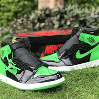 High Top Sneakers, Black Green Colorway, Patent Leather Footwear, Lace Up Design, Casual Gift for Sneaker Fans