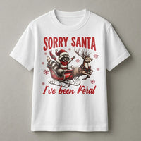 Humorous Raccoon Christmas Graphic Tee, Sorry Santa I've Been Feral T-Shirt, Sarcastic Possum Holiday Shirt, Adorable Chaos Animal Xmas Present Tee