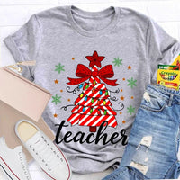 Bow Christmas Tree Colorful Lights Graphic Tee, Teacher Christmas T-Shirt, Festive Holiday Educator Shirt, Xmas Present