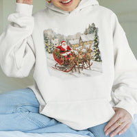 Nostalgic Christmas Winter Scene Sweatshirt, Vintage Santa Sleigh Hoodie, Retro Holiday Hooded Sweater, Comfy Unisex Xmas Pullover Present