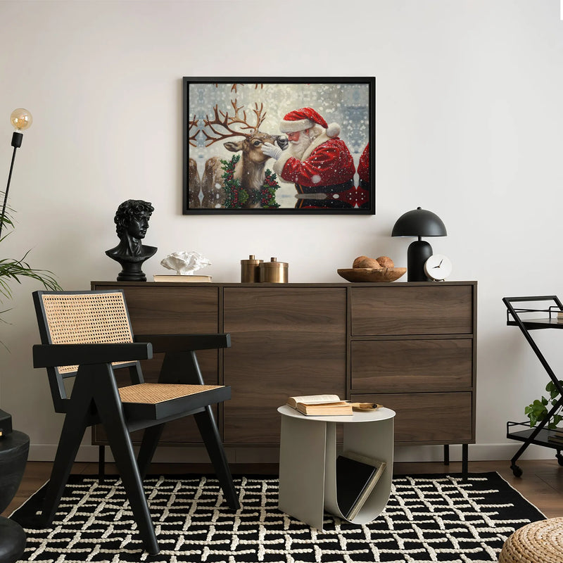 Winter Holiday Canvas Print, Santa Claus and Reindeer Canvas Wall Art, Whimsical Christmas Canvas, Festive Xmas Wall Art, Holiday Fan Present