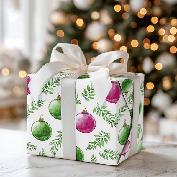Christmas Bauble Wrapping Paper, Watercolor Pink and Green Ornament Wrapping Paper, Botanical Holiday Wrapping Paper, Festive