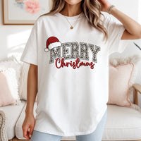 Adorable Retro Xmas Graphic Tee, Merry Christmas Leopard Santa Hat T-Shirt, Buffalo Plaid Cheetah Holiday Shirt, Festive Women Christmas Top