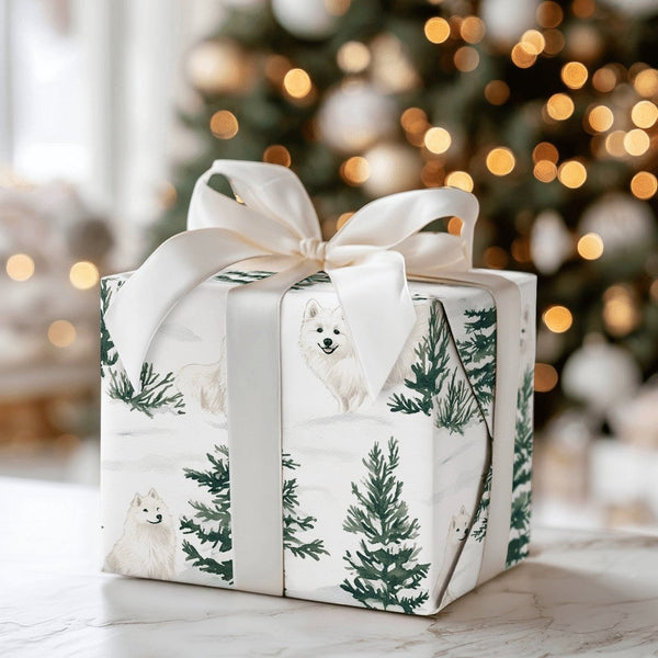Watercolor Winter Pine Tree Gift Wrap, Samoyed Dog Wrapping Paper, Holiday Samoyed Wrapping Paper, Christmas Dog Lover Gift W