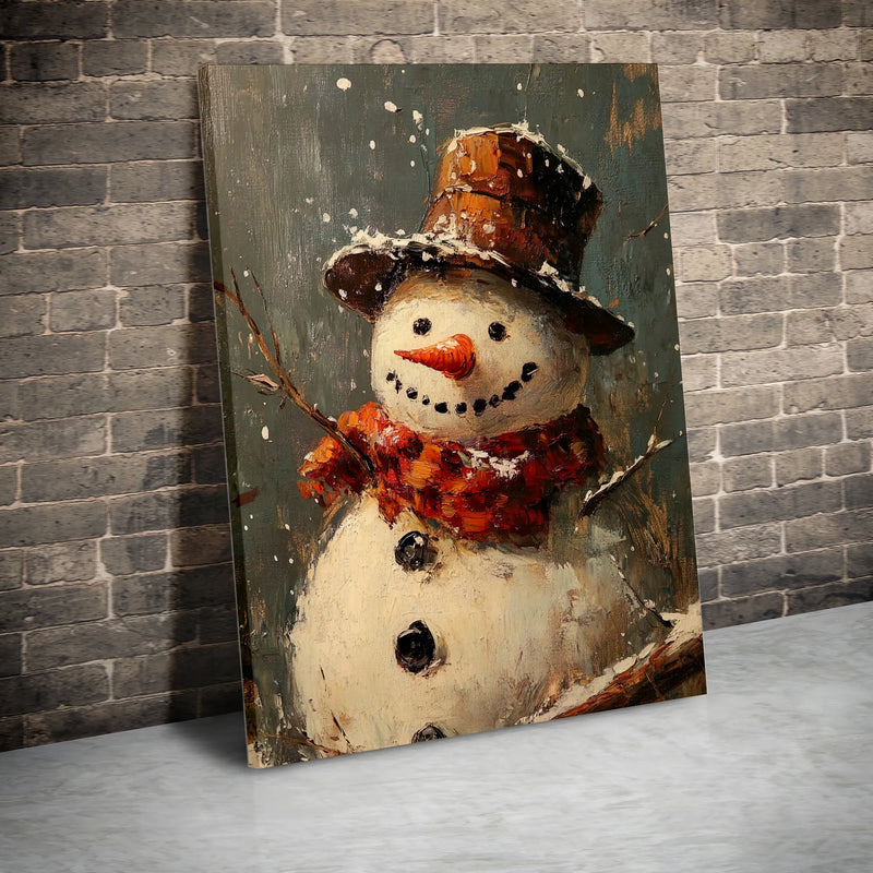 Rustic Winter Landscape Print, Snowman Oil Painting Canvas Wall Art, Christmas Holiday Wall Decor, Printable Digital Download