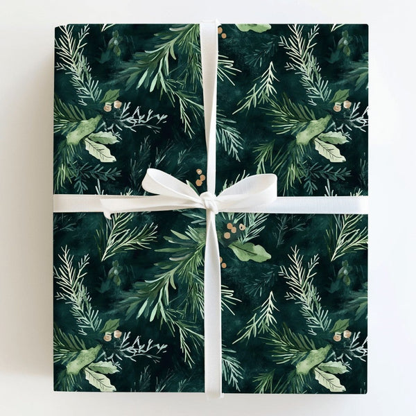 Botanical Berry Christmas Gift Wrap, Moody Pine Wrapping Paper, Dark Green Winter Holiday Wrapping Paper, Forest Gift Wrap Ro