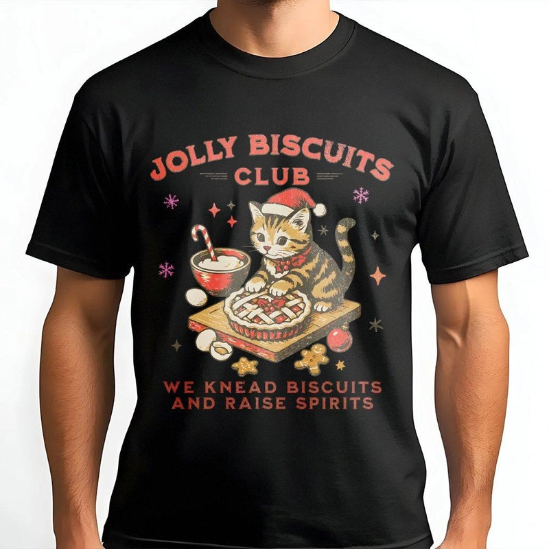 Vintage Cat Baker Graphic Tee, Jolly Biscuits Club Christmas Cat Baking T-Shirt, Adorable Holiday Cat Shirt, Baker Xmas T-Shirt, Cat Lover Present