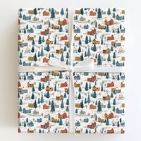 Snowy Houses Pine Trees Gift Wrap, Winter Village Wrapping Paper, Watercolor Christmas Wrapping Paper, Holiday Season Gift Wrapping Paper