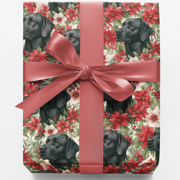 Festive Poinsettia Dog Gift Wrap, Black Labrador Christmas Wrapping Paper, Black Lab Present Wrap, Dog Lover Holiday Gift Wra